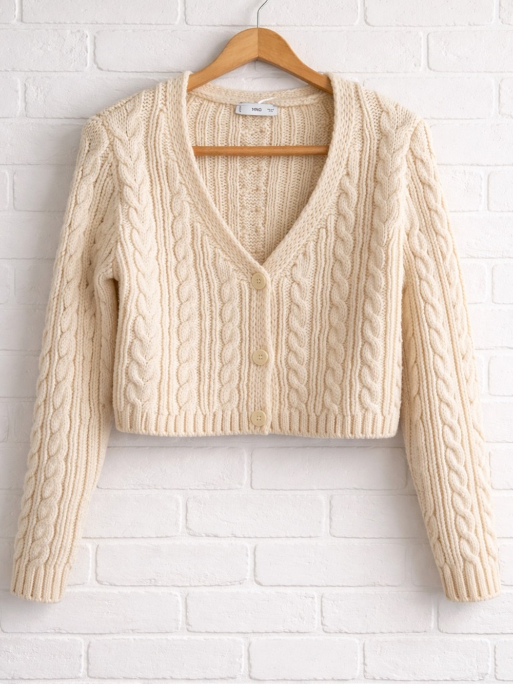 Mango Cable Knit Cropped Cardigan Ecru Button Front Size M - Picture 5 of 8